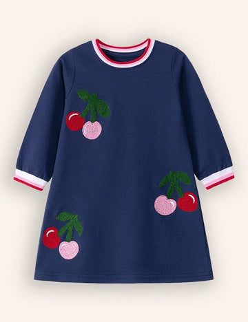 Cherry Appliqué Long Sleeve Dress